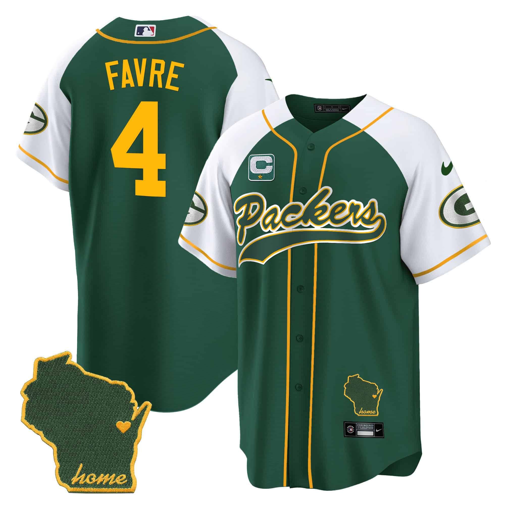 Men Green Bay Packers 4 Favre Green 2024 Nike Home Patch Baseball NFL Jersey